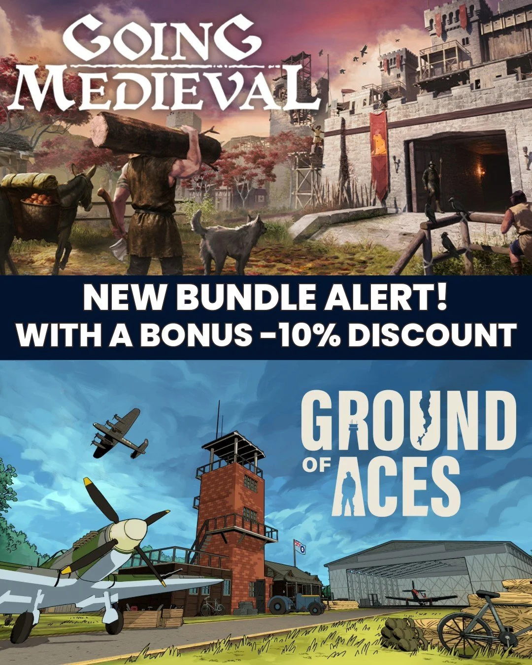 🏰 ✈️ From medieval settlements to WWII airfields: we&rsquo;re excited to bundle up with Going Medieval &mdash; a game that inspired Ground of Aces in many ways!

If you love colony sims and management games, this bundle is for you. Complete your col