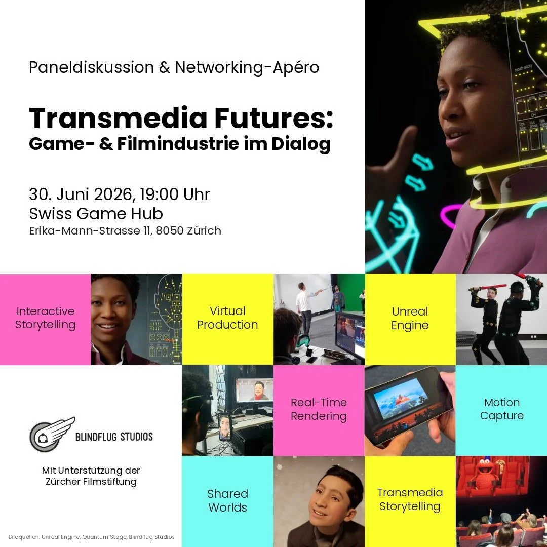 Games und Film wachsen immer st&auml;rker zusammen.

Mit &laquo;Transmedia Futures&raquo; bringen wir die Schweizer Games- und Filmbranche zusammen, um &uuml;ber Virtual Production, Unreal Engine, transmediale Zusammenarbeit und die Zukunft des Story