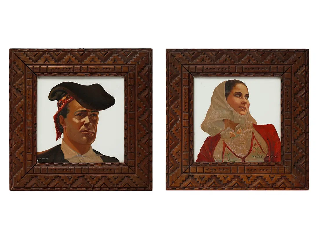 Two panels depicting a man and a woman in traditional Sardinian costumes, Cooperativa Ceramica Imola manufacture. Painted ceramics