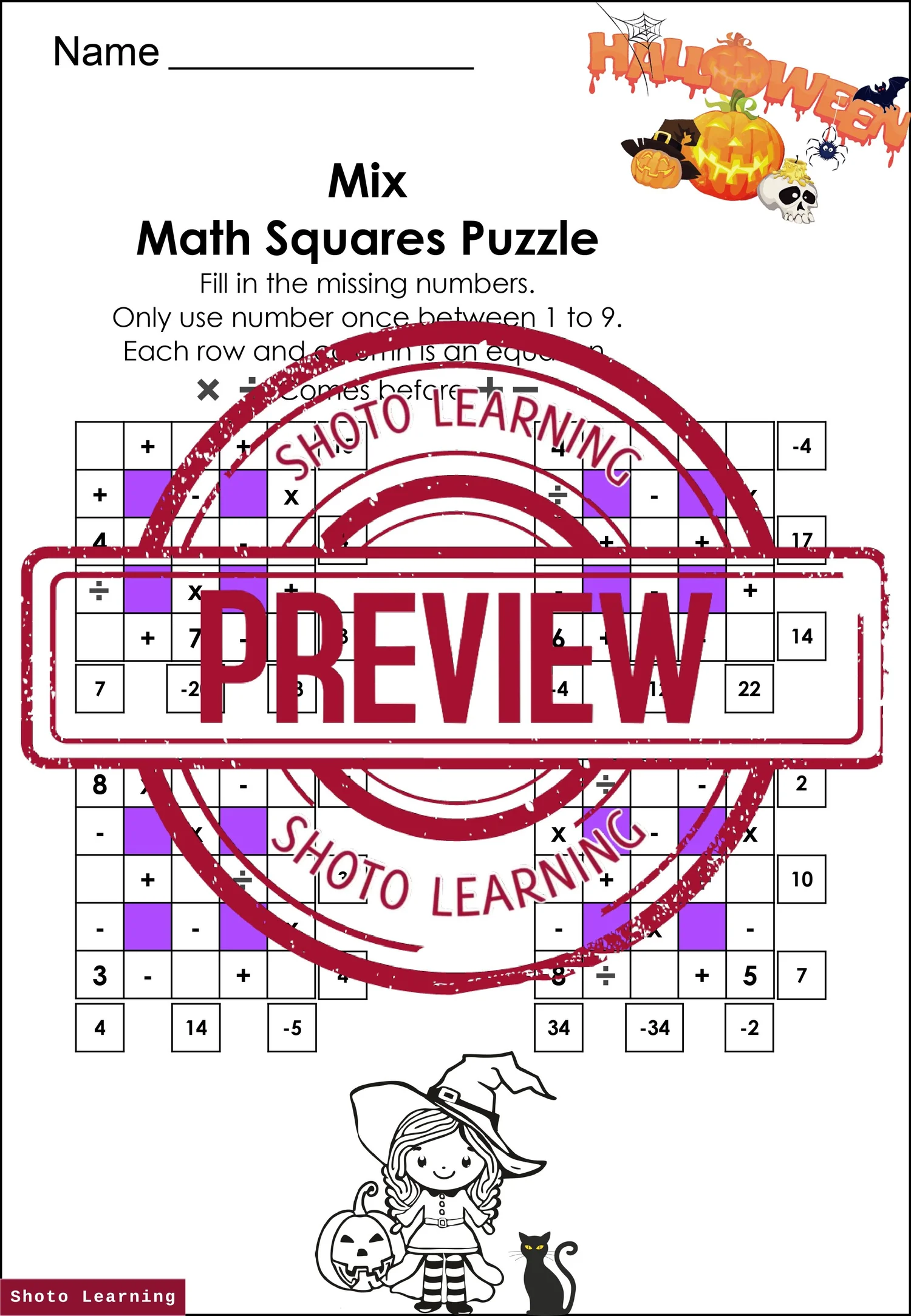 HALLOWEEN Division Addition Math Square Puzzle Game Divide Activities ...