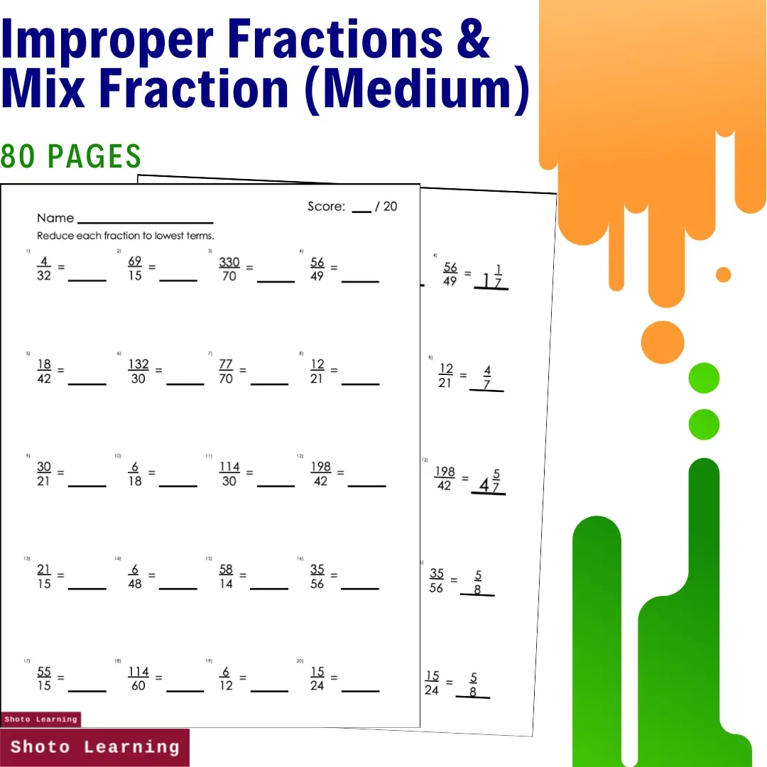 Improper Fractions & Mix Fraction Medium Practice Problems Worksheets - 80 Pages
