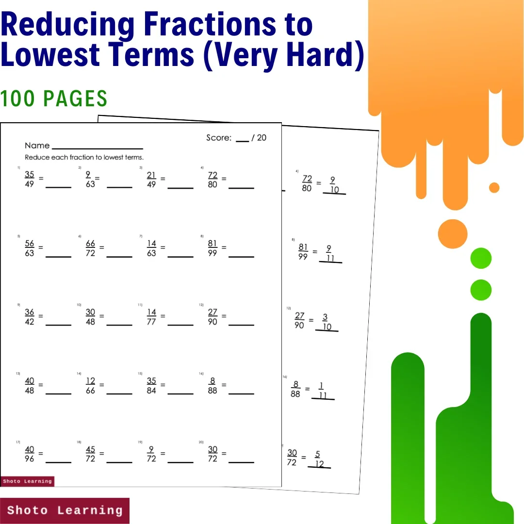 Fraction Reducing Fractions to Lowest Terms Very Hard Math Worksheets 100 Pages