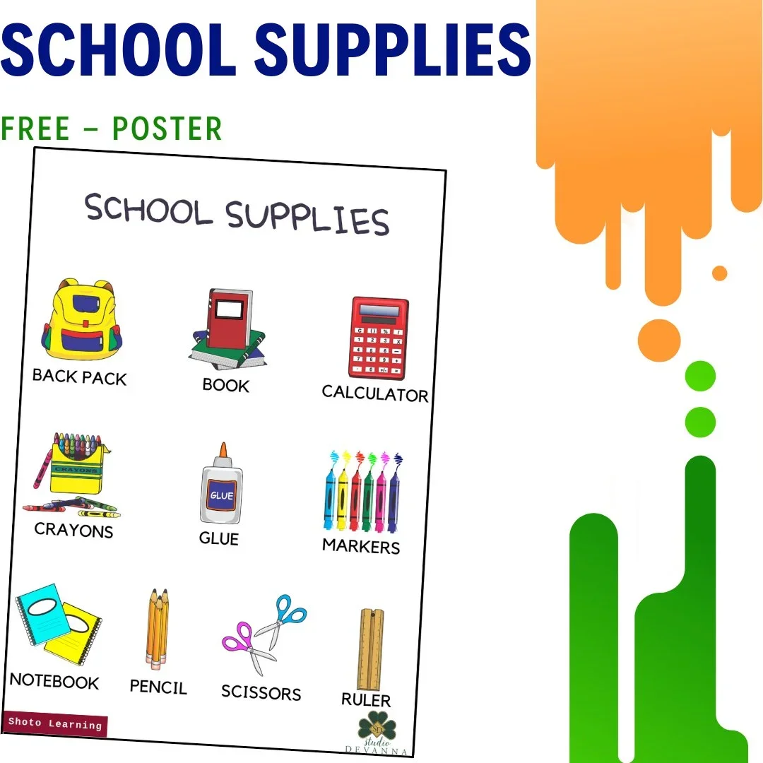 FREE SCHOOL SUPPLIES POSTER - CLASSROOM BACK TO SCHOOL STATIONERY ITEMS