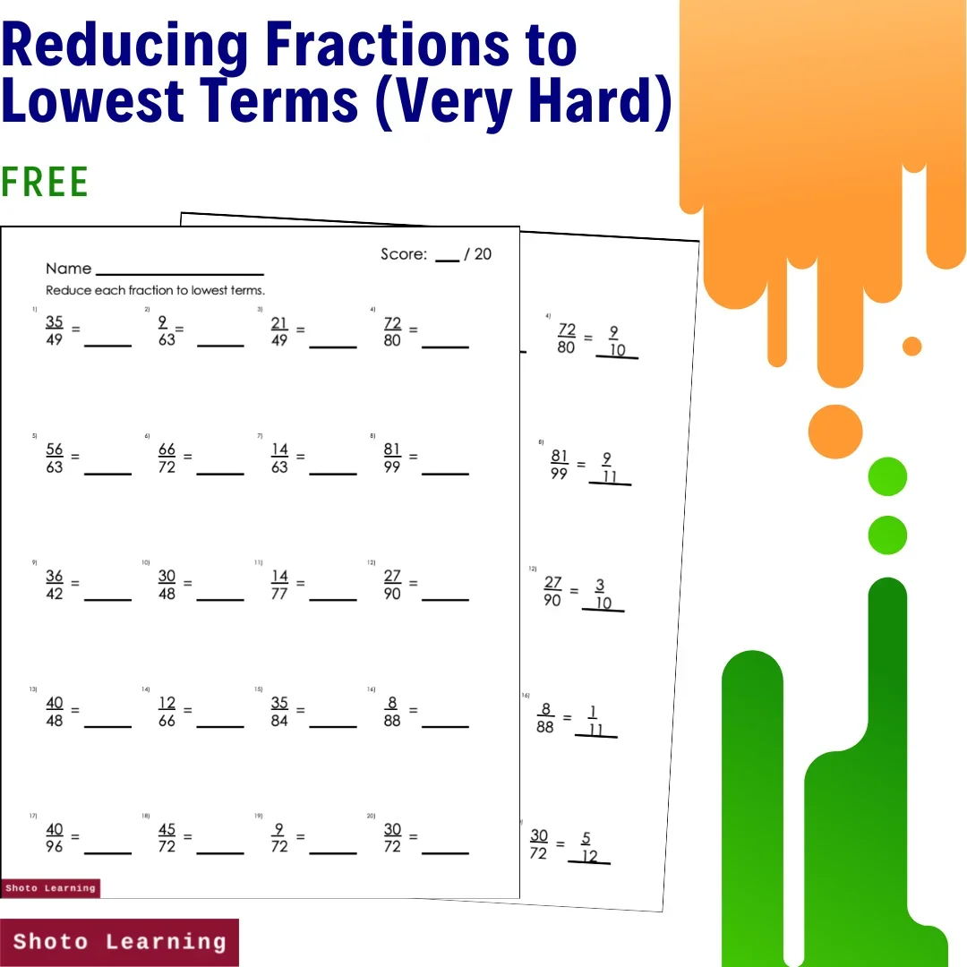 Free - Fraction Reducing Fractions to Lowest Terms Very Hard Math Worksheets