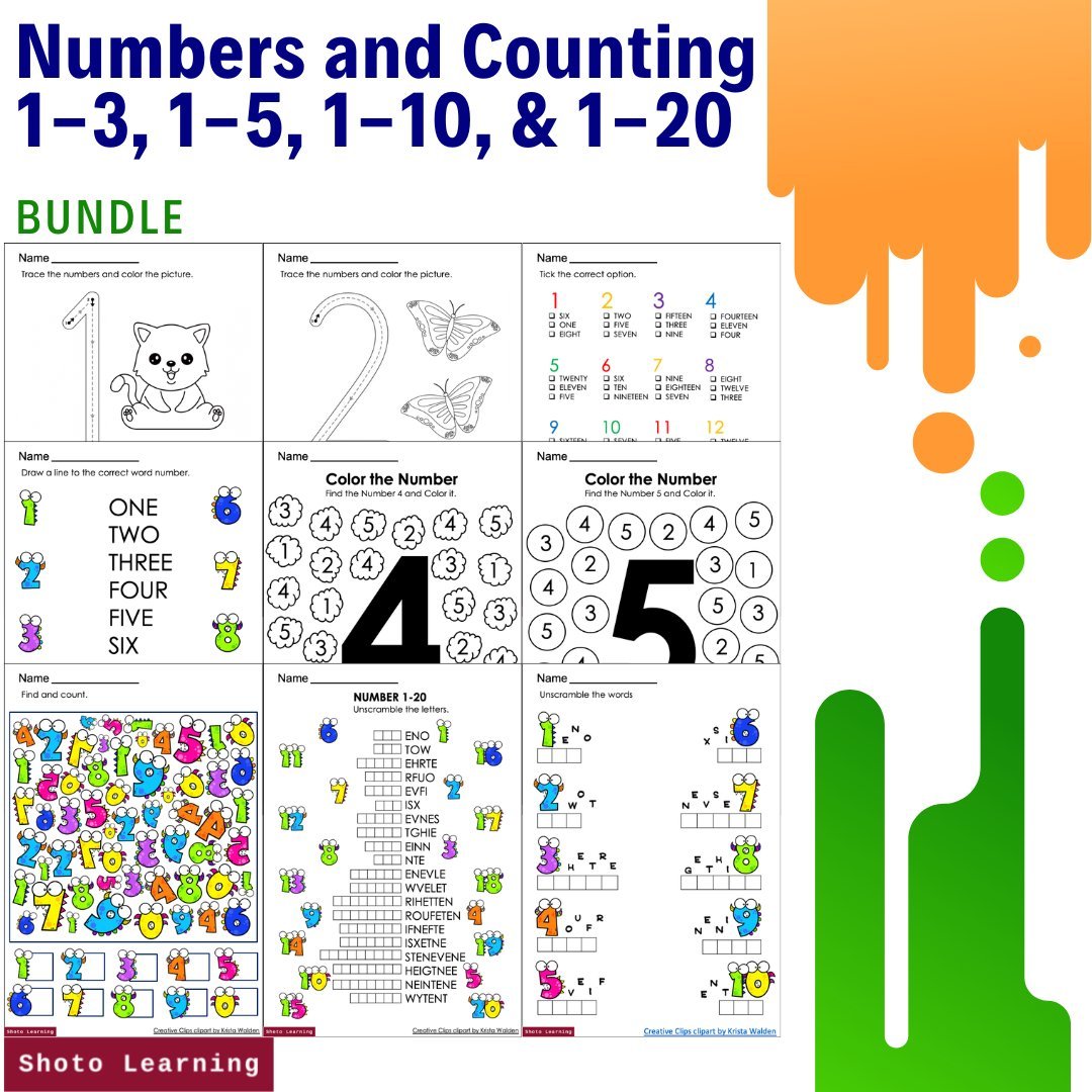 Pre-K Math Bundle: Numbers 1-3, 1-5, 1-10, 1-20 Worksheets