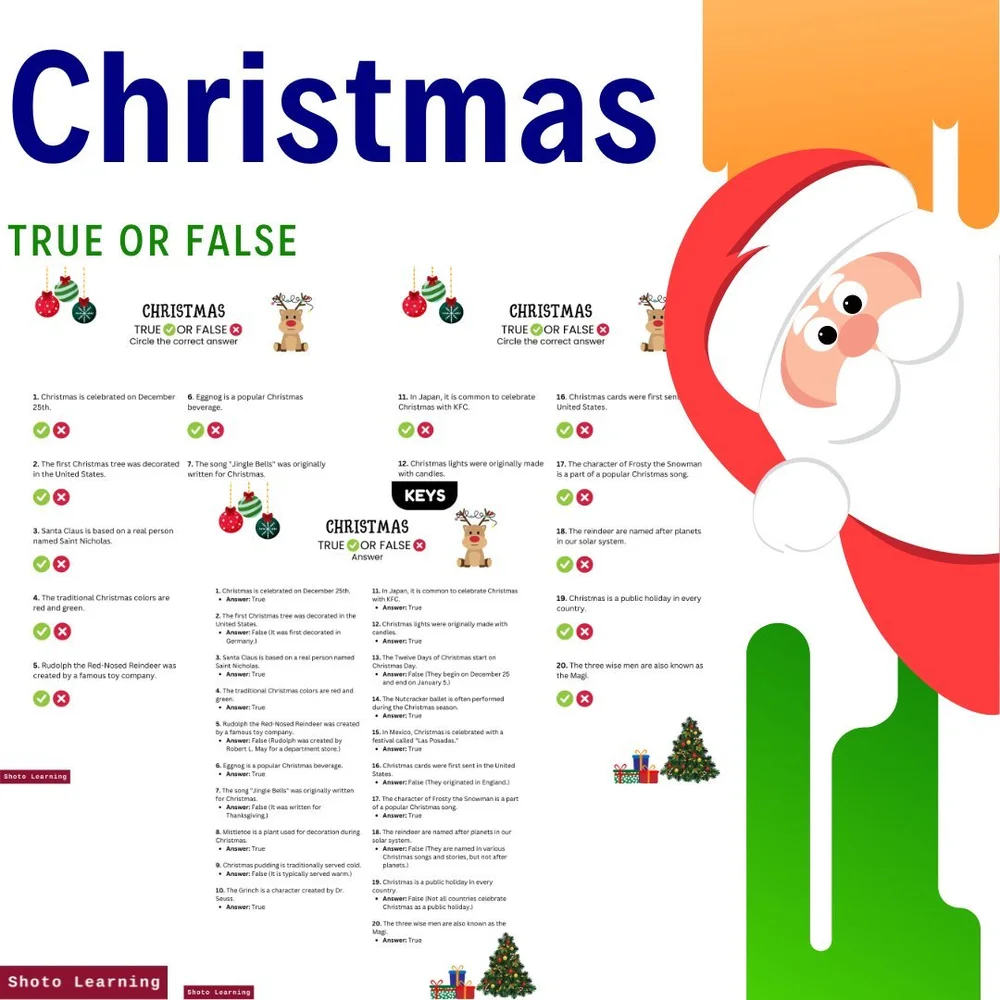 christmas true or false worksheet – 20 fun questions with answers