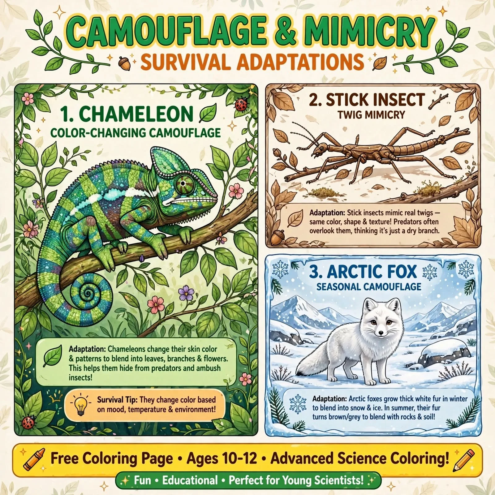 FREE Animal Camouflage & Mimicry Worksheet - Chameleon Stick Insect Arctic Fox