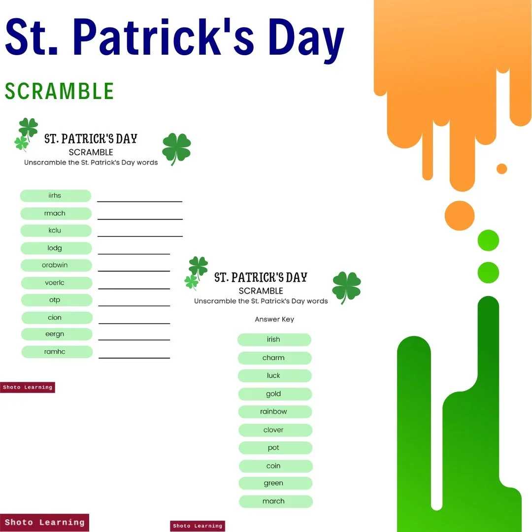 St. Patrick's Day Shamrock Scramble: Word Puzzle Worksheet