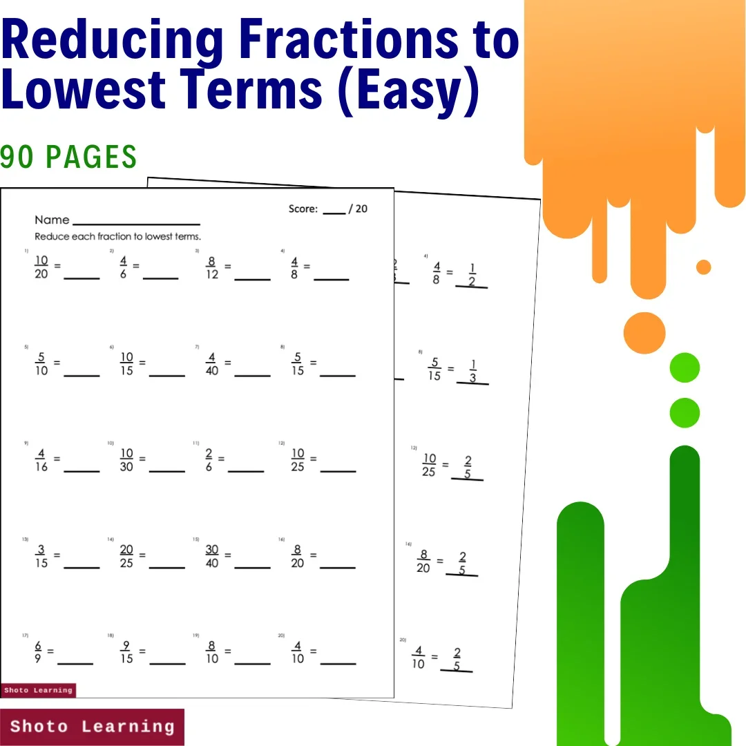 Reducing Fractions to Lowest Terms Fraction Easy Practice Worksheets - 90 Pages