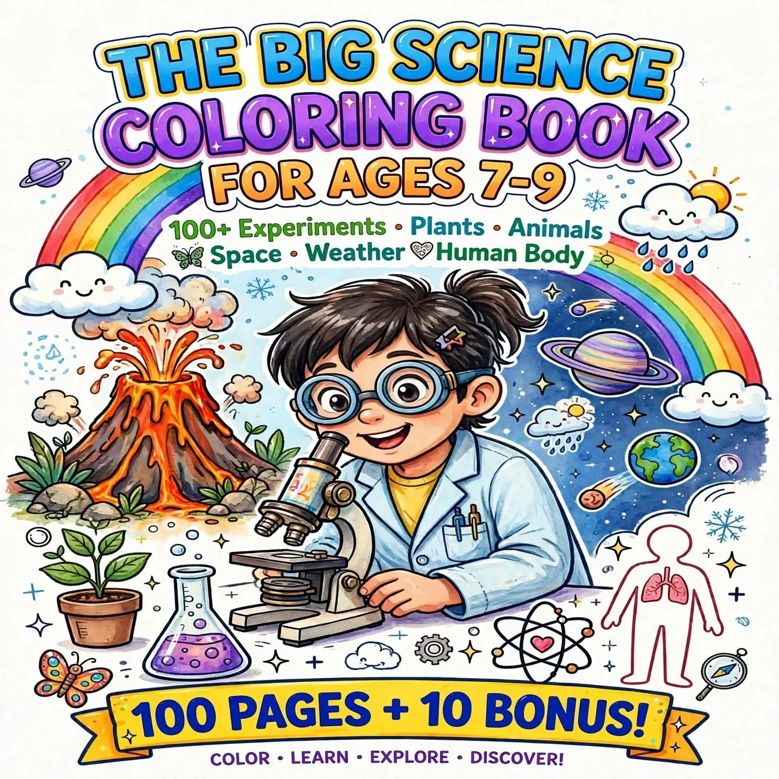 Science Coloring Book for Ages 7-9 | 100 Pages + 10 Bonus | STEM Experiments Space Human Body