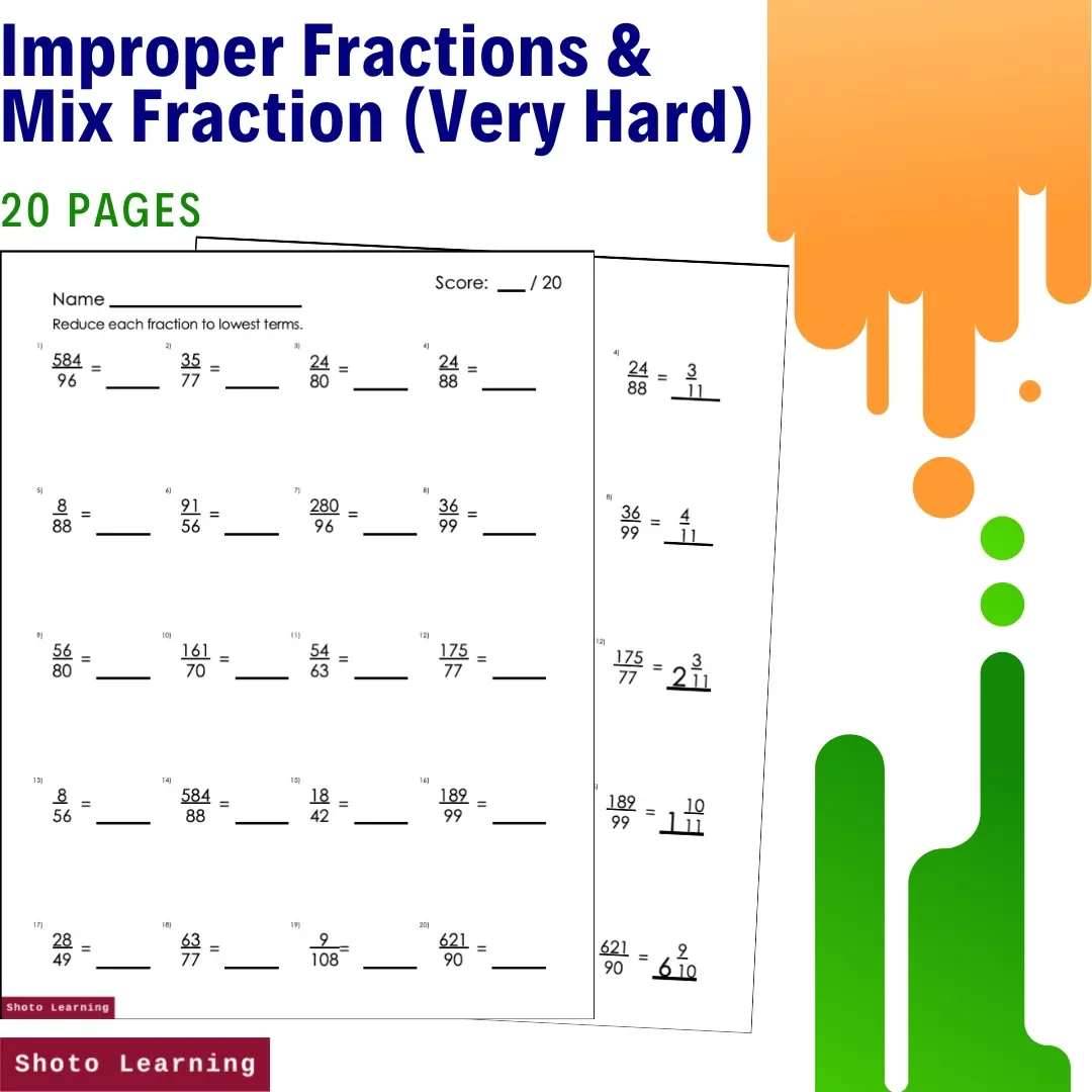 Improper Fractions Mix Fraction Very Hard Practice Problems Worksheets 20 Pages