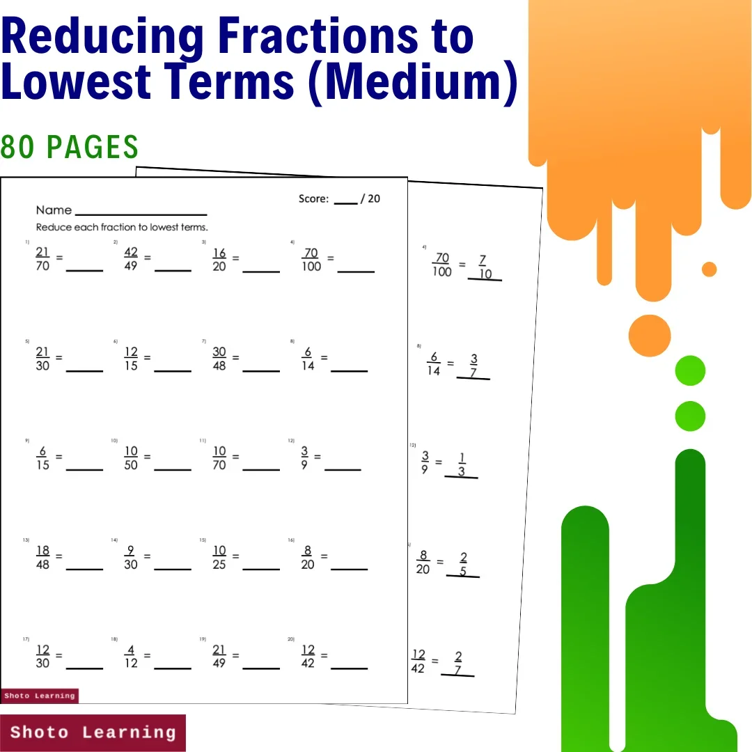 Fraction Reducing Fractions to Lowest Terms Medium Practice Worksheets 80 Pages