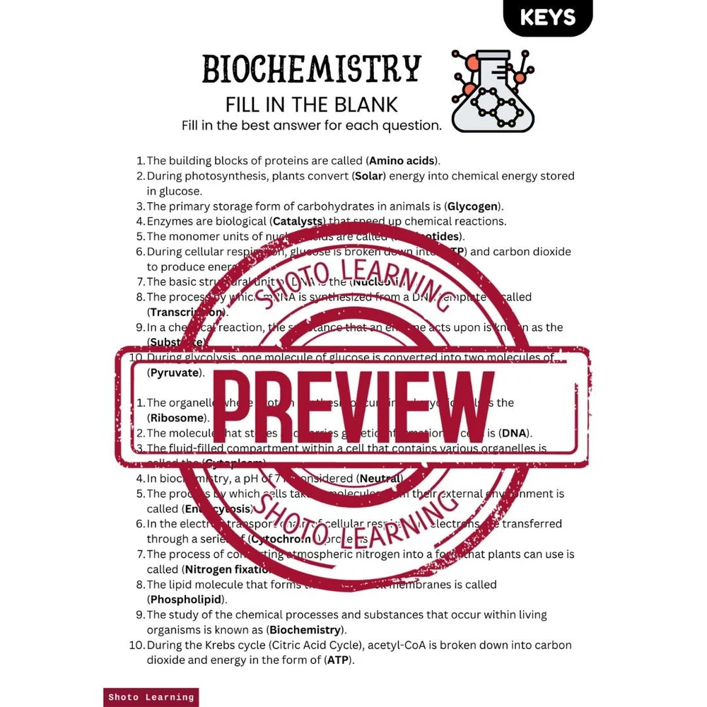 Biochemistry Fill-in-the-Blank Worksheets: Test Your Knowledge