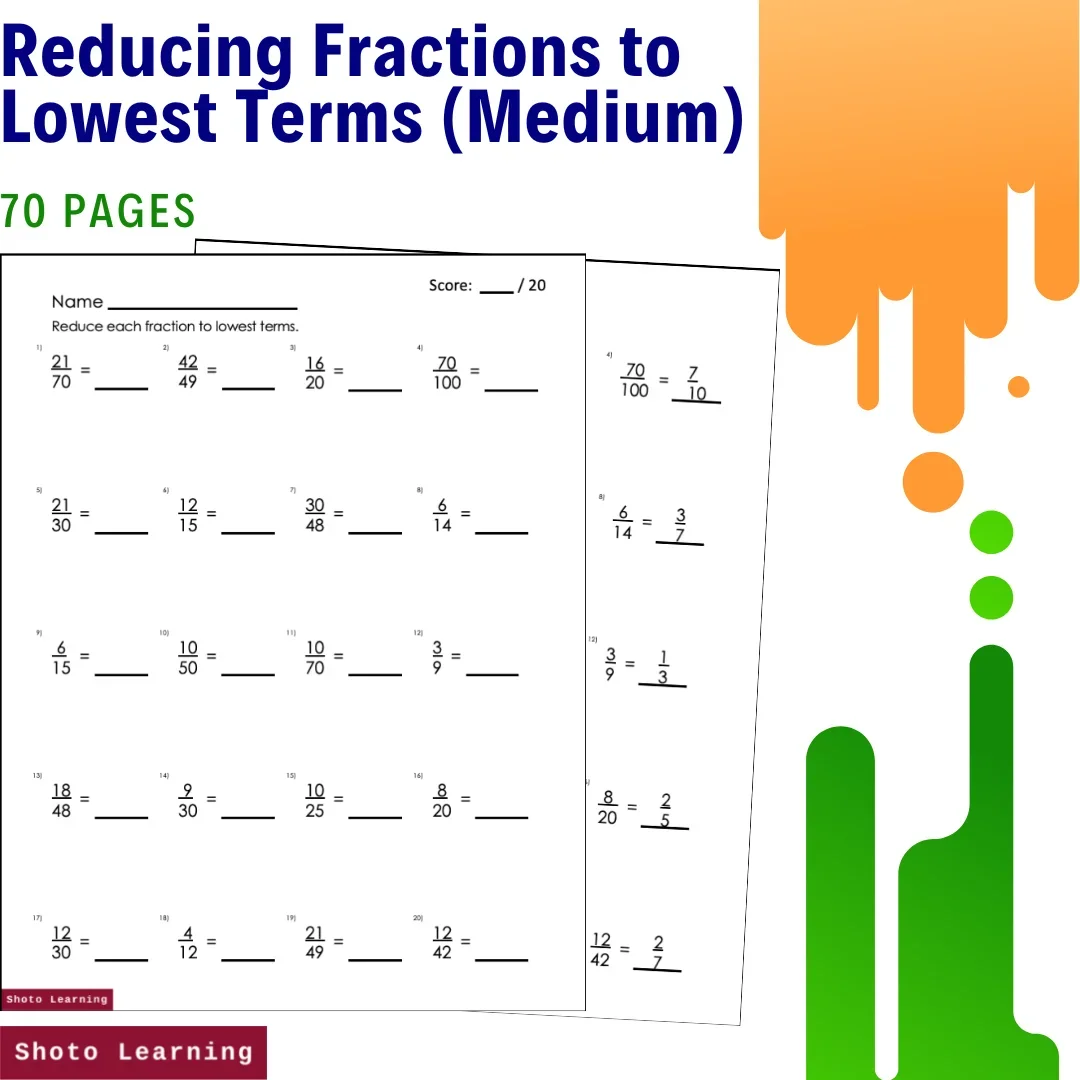 Fraction Reducing Fractions to Lowest Terms Medium Practice Worksheets 70 Pages