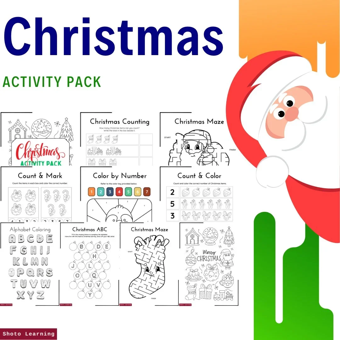 Christmas Activity Pack – 10 Pages of Festive Fun: Coloring, Counting & Alphabet