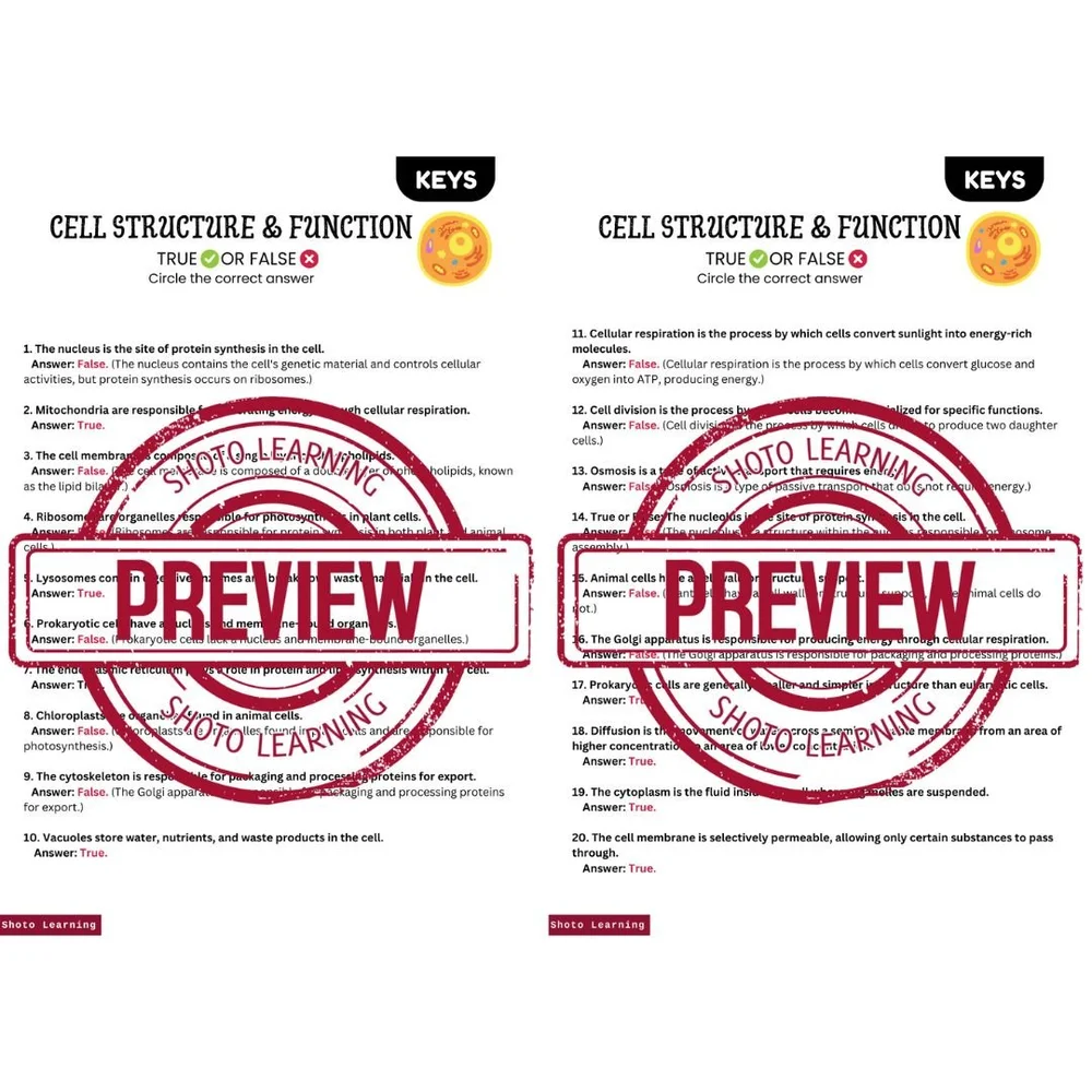 Cell Structure & Function True or False Worksheet for Students