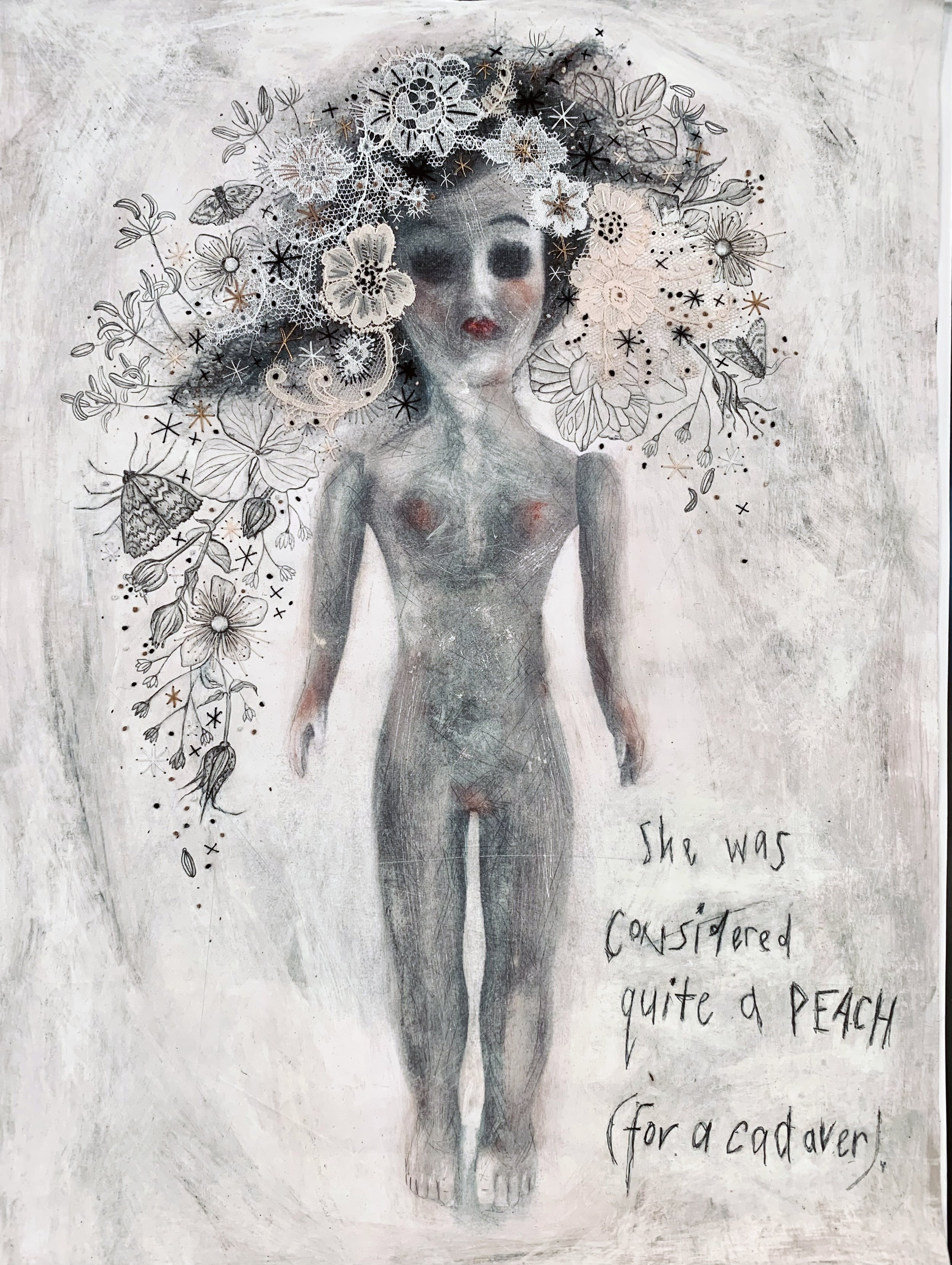 Pippy Show ii 'She Was Considered Quite a Peach for a Cadaver'. A3, multi media: paint/lace/scalpel scratches, stitch/pencil, a pinch of madness. Black framed & mounted to 20 x 16.