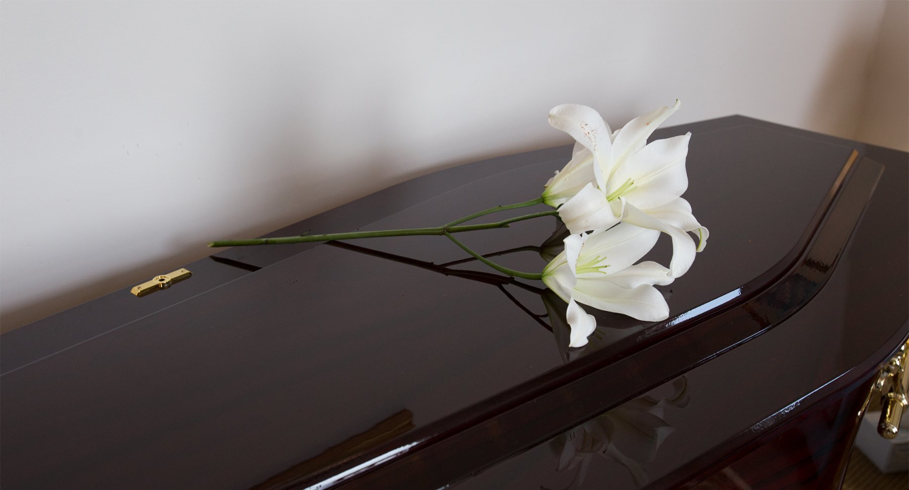 A white lily flower with a green stem lying on a glossy black piano.
