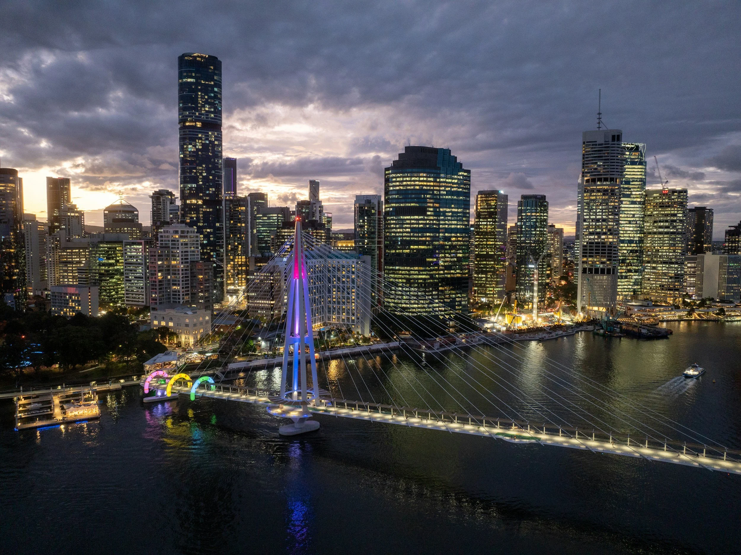 Brisbane city skyline and the river at dusk