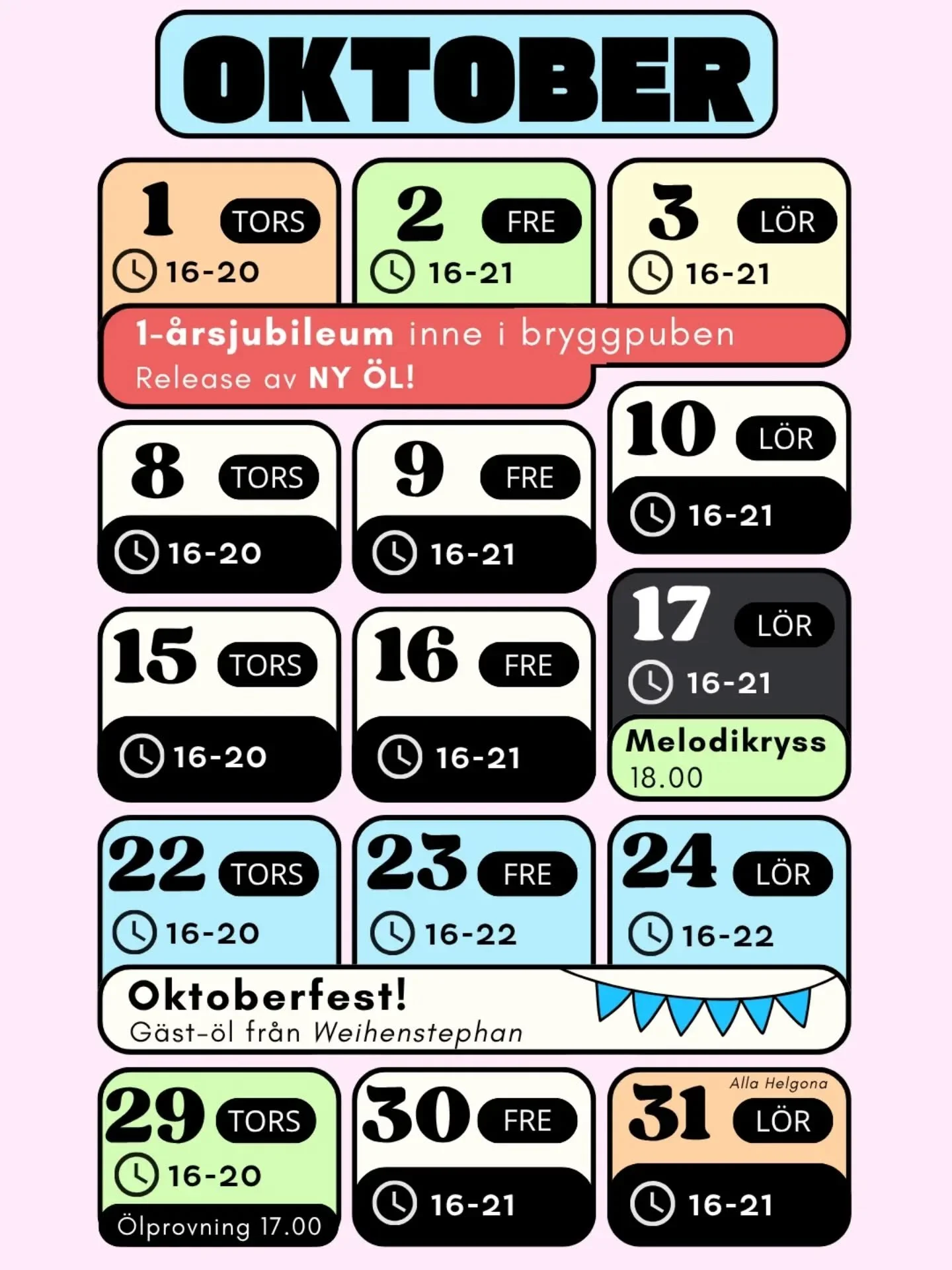 Oktobers planering!

Eventuella &auml;ndringar l&auml;ggs ut p&aring; story.

Platsbokning sker via hemsidan🍻
