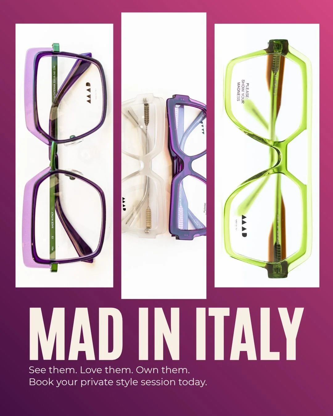 Mad in Italy is where artistry meets eyewear. Each frame is a statement of individuality&mdash;unexpected angles, bold shapes, and meticulous detailing. Designed for those who wear more than just glasses&mdash;they wear attitude. Discover frames that