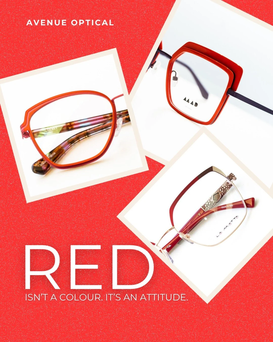 Red isn&rsquo;t just a colour. It&rsquo;s an attitude. 

From the daring sophistication of Mad in Italy, to the inventive angles of JF REY, to the bold elegance of La Matta, these red frames turn every glance into a statement. See red. Make your stat