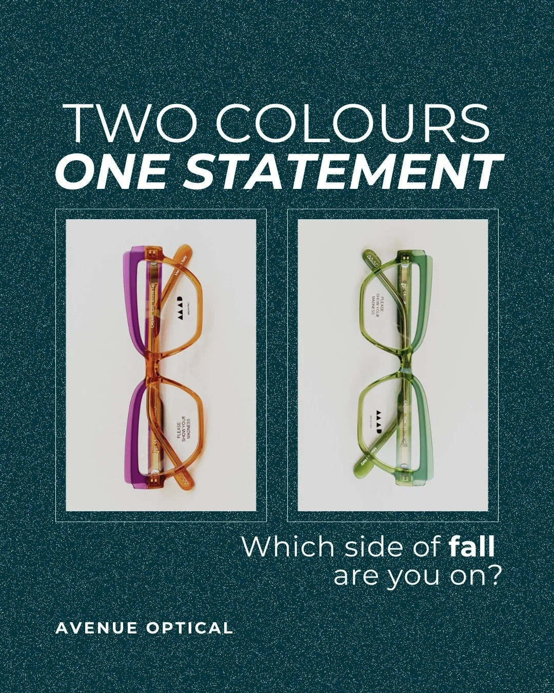 Fall is all about rich tones and bold choices. Mad in Italy presents bi-colored frames that turn every glance into a statement. Vibrant green or fiery orange&mdash;classic craftsmanship meets fearless color. Which side of fall would you wear?&rdquo;
