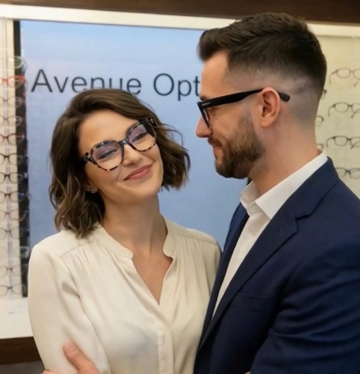 A woman and a man wearing glasses smiling and looking at each other, standing in front of an Avenue Optical sign.