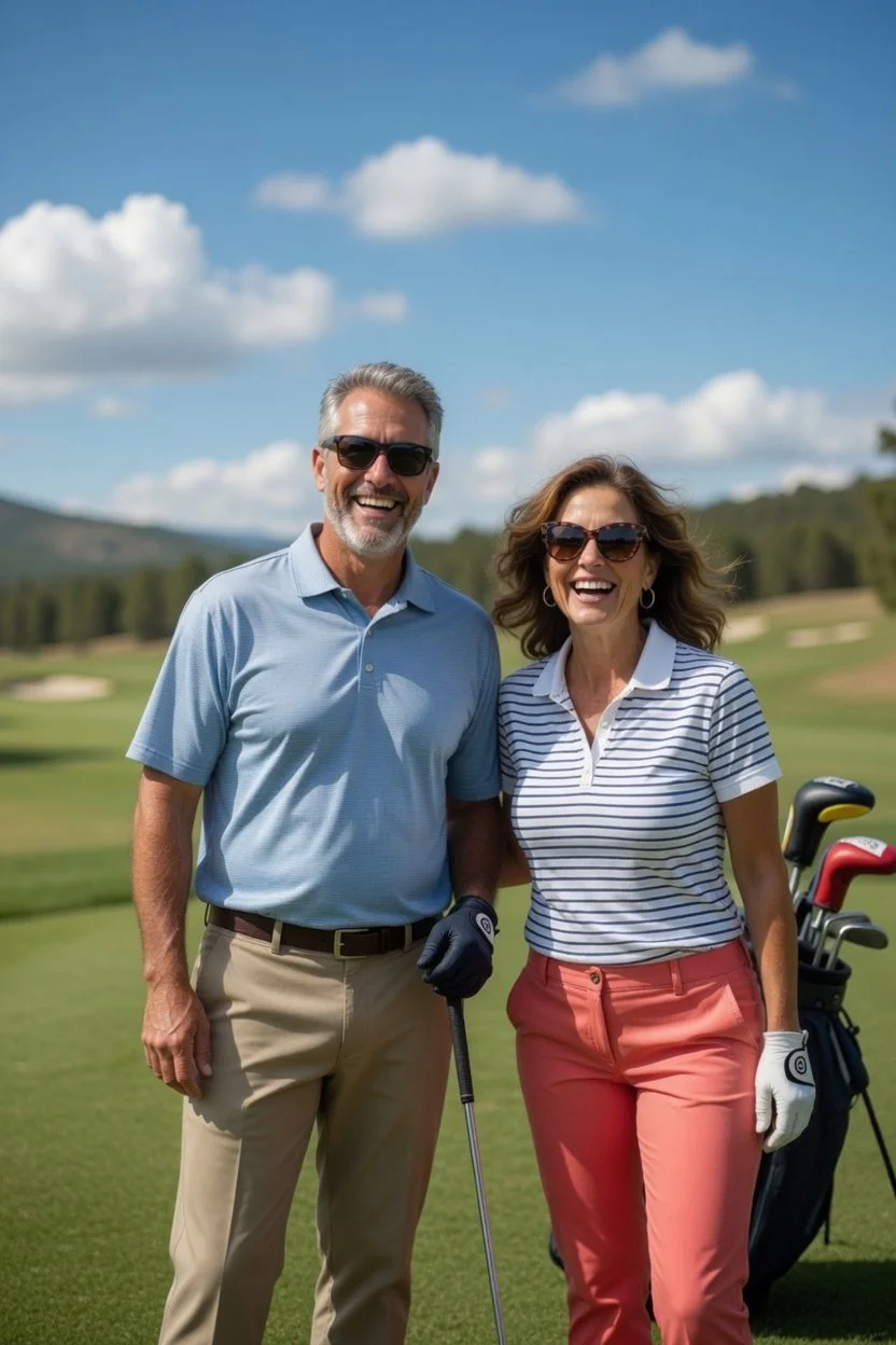 Smiling middle-aged man and woman in golf attire standing on a golf course, with golf clubs in a bag behind them, under a partly cloudy sky.