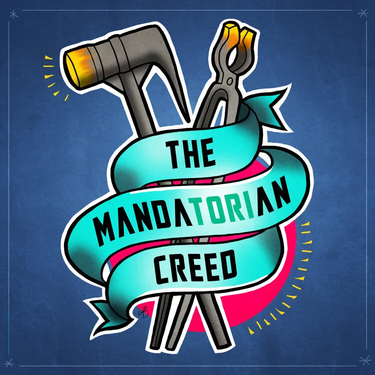 Illustration of a hammer and pincers behind a ribbon with text "The Mandatorian Creed" on a blue background.