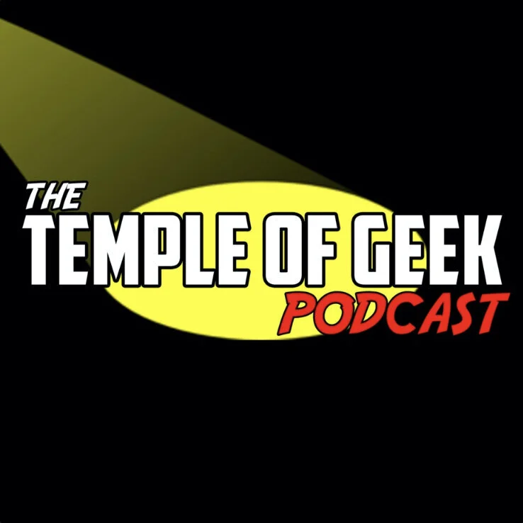 Logo of 'The Temple of Geek Podcast' with a black background and yellow spotlight behind the text.