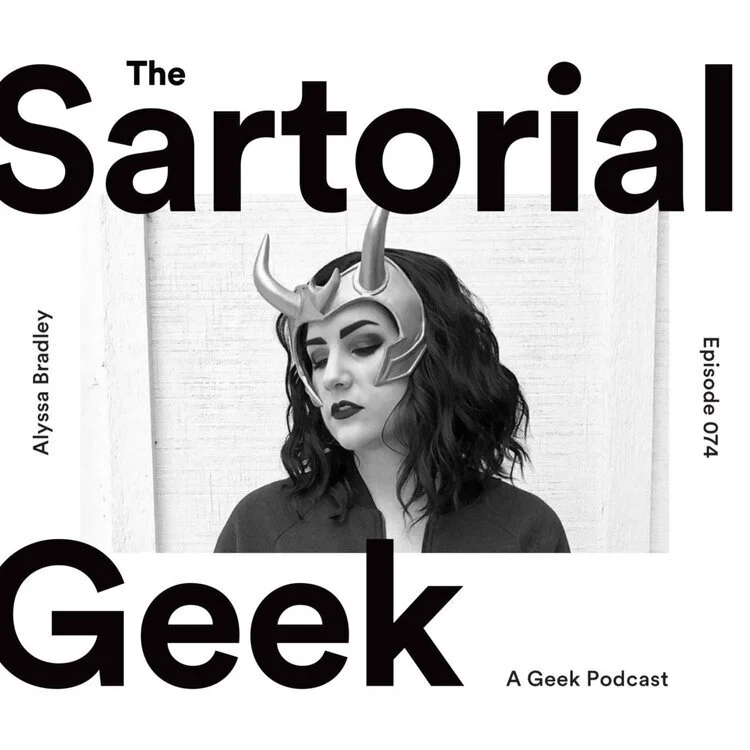 Black and white promotional image for "The Sartorial Geek" podcast episode 074 featuring a woman wearing a horned helmet.