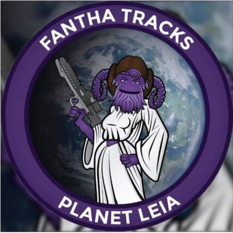 Illustration of a purple alien character with Princess Leia's hairstyle and white dress, holding a sci-fi gun. Text around the image reads "FANTHA TRACKS" and "PLANET LEIA."
