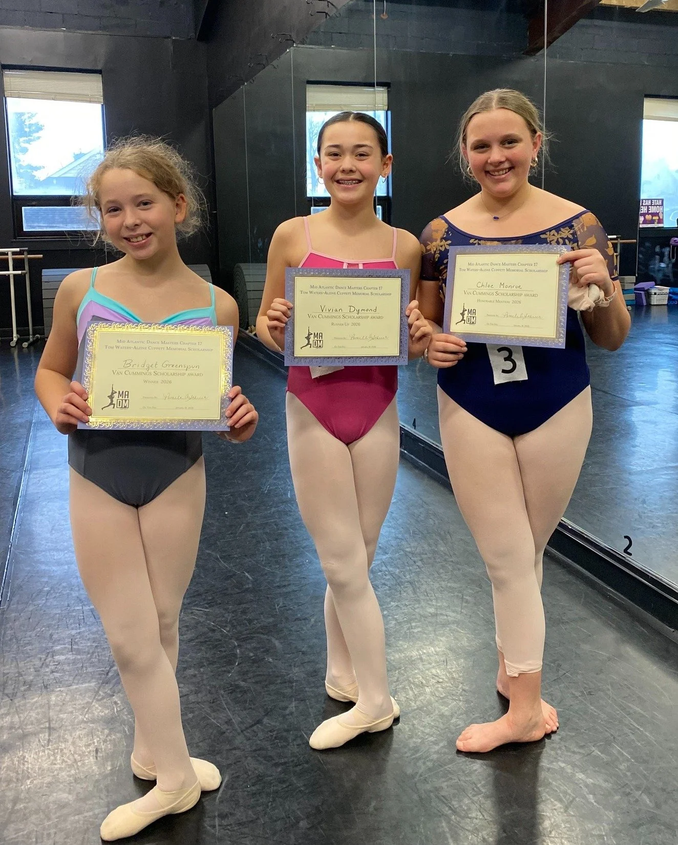 Also at our January Workshop, dancers auditioned for the Van Cummings Scholarship, which is a scholarship to the DMA National Convention. Congratulations to the following dancers; you all did beautifully:
Scholarship Winner: Bridget Greenspun; Teache
