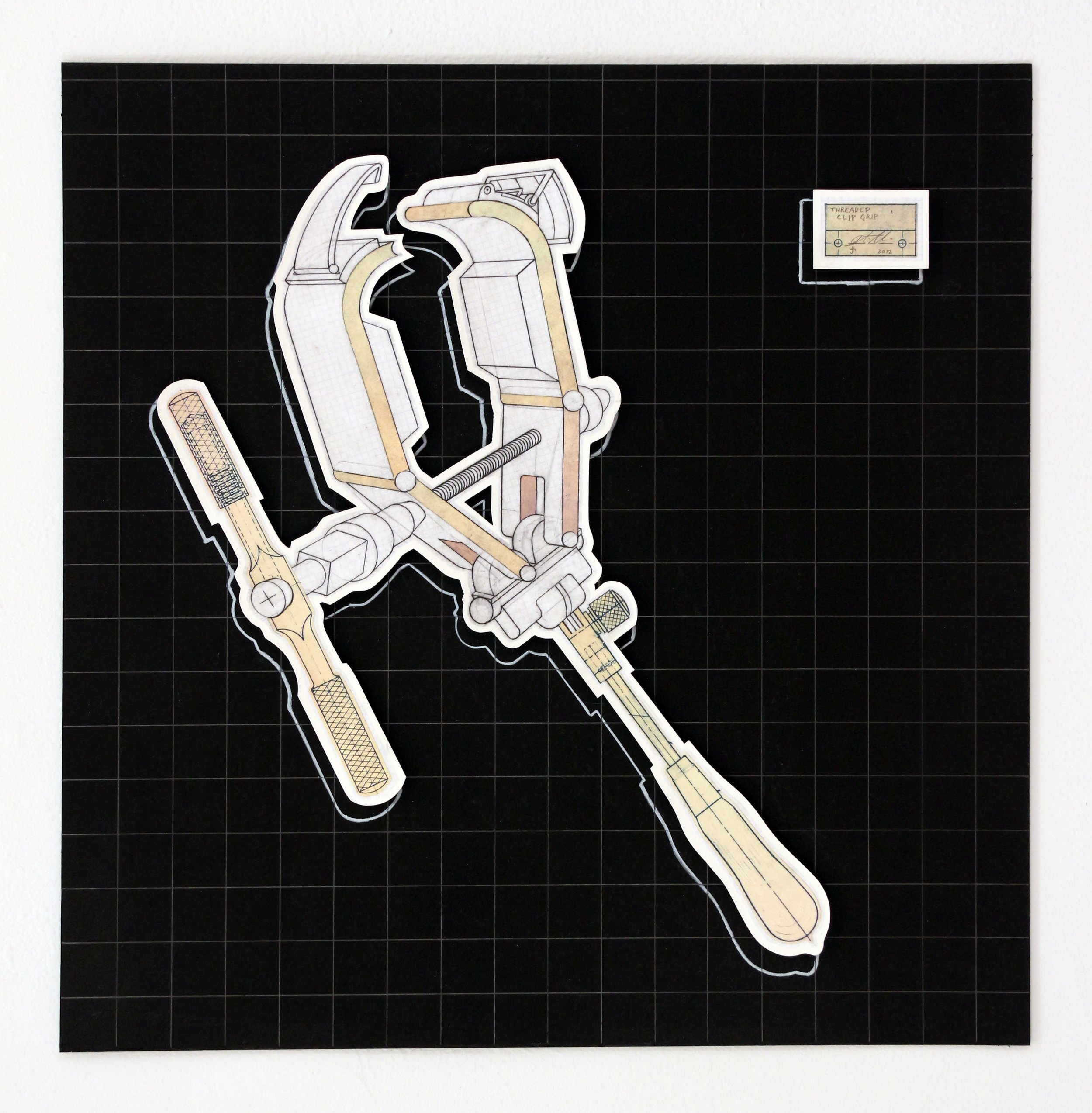 THREADED CLIP GRIP, collage, graphite and acrylic on paper, 18.25" x 18", 2013