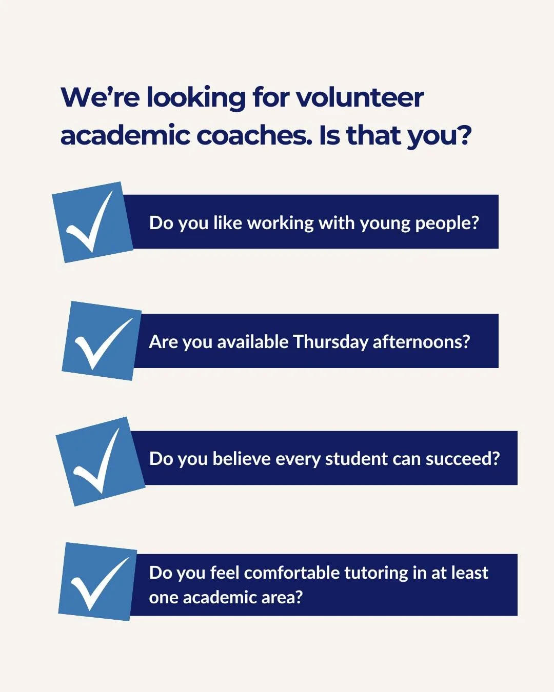 We're looking for people to work with students in our after school educational support program. You don't have to have an education background, but must feel comfortable tutoring students and helping them thrive academically. If you are interested, p