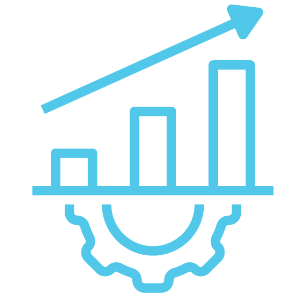 a blue and black graph with a gear and arrow
