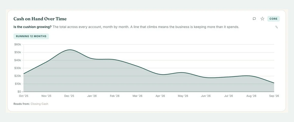 Cash on hand over time chart for a sample client