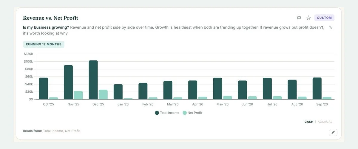 Revenue vs. net profit chart for a sample client