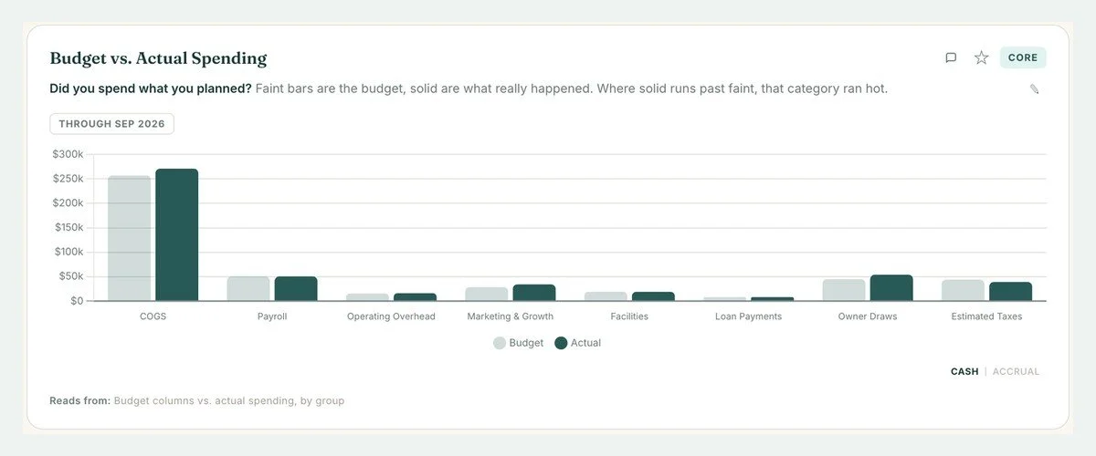 Budget vs. actual spending chart for a sample client