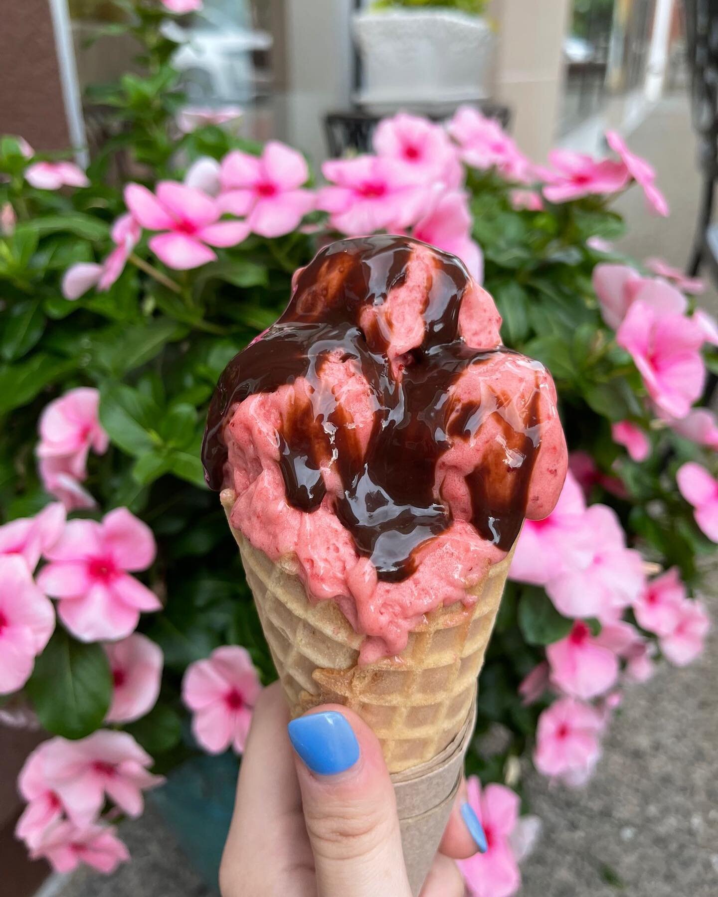 Try our new feature&mdash;chocolate sauce! 🌸 This one here in on top of our Strawberry 🍓 Sorbet (naturally vegan)!
.
.
.
.
#gelato #atlanta #dessert #icecream #vegan