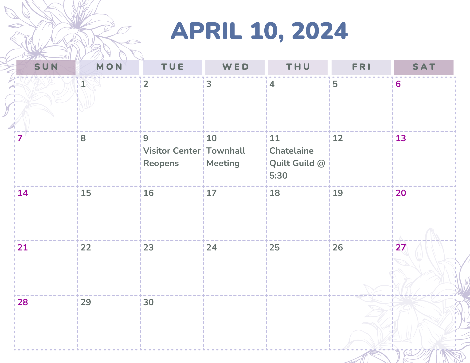 Purple White Pretty Flowers Simple Modern April 2023 Monthly Calendar (2).png
