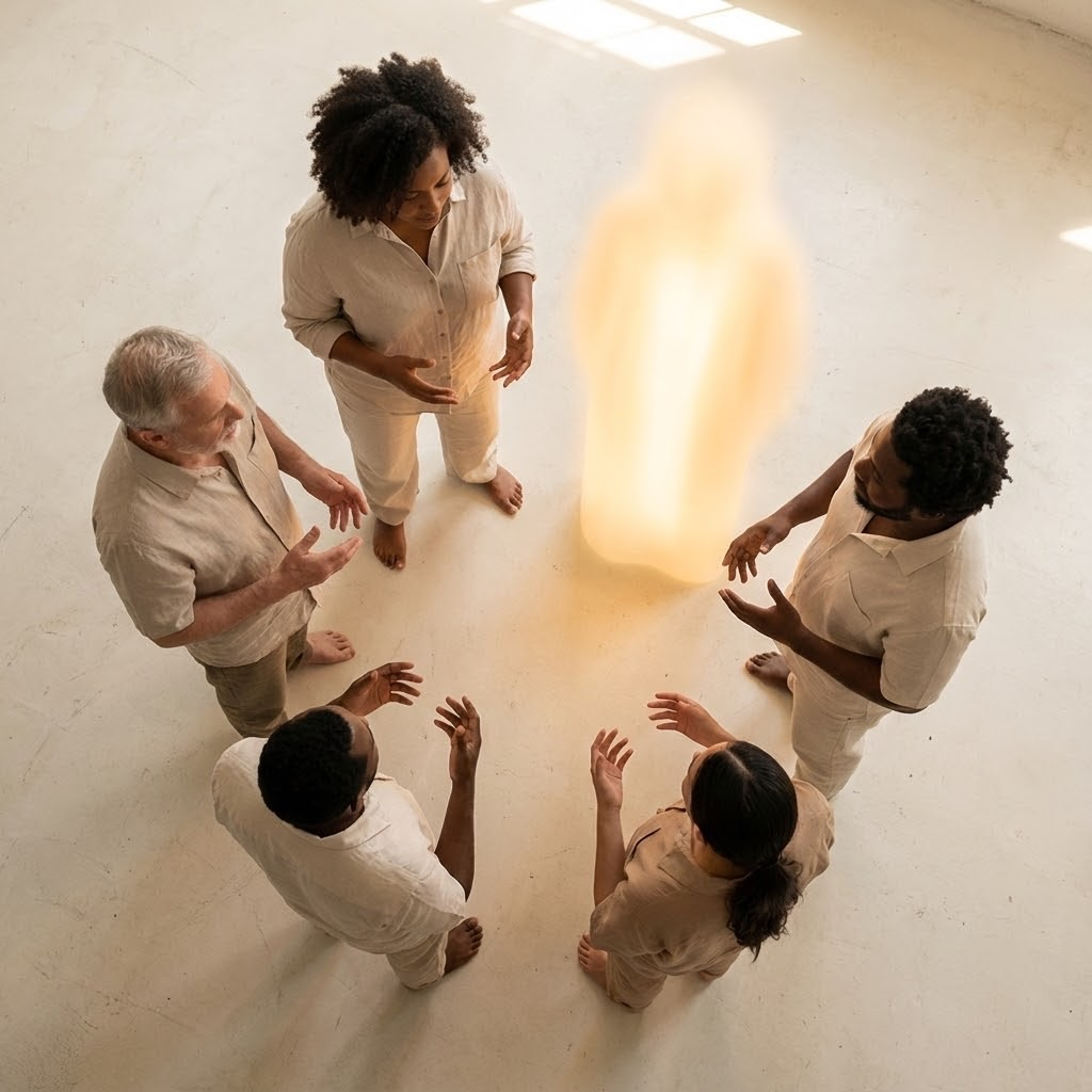 En man i kostym står framför en skärm som visar ett AI-projekt med data om intäkter, kostnadsbesparingar och kundnöjdhet, med tre personer i bakgrunden.