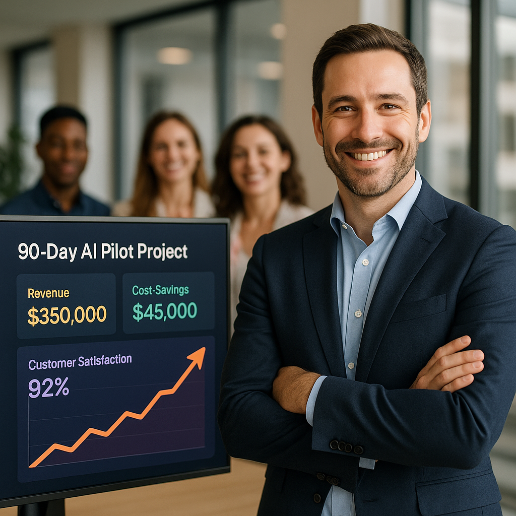 En man i kostym som står bredvid en skärm med text om ett AI-projekt, med tre glada kollegor i bakgrunden.