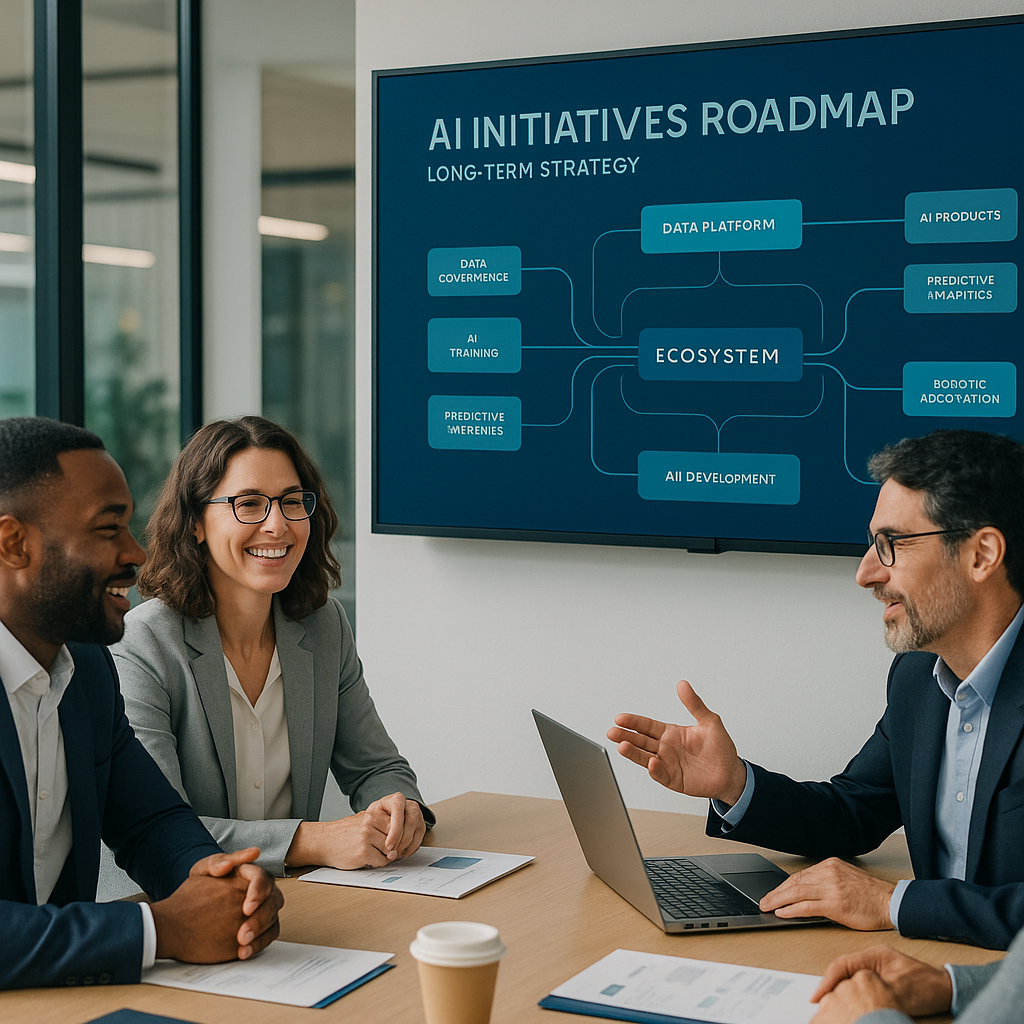 Tre personer deltar i ett möte i ett konferensrum, med en digital presentation om AI-initiativens färdplan på en stor skärm.