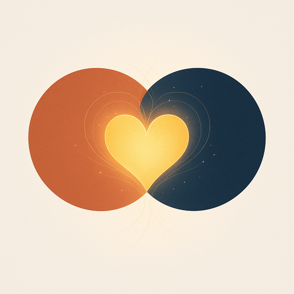 Abstrakt konst med två cirklar, en orange och en blå, som sammanfogas till ett hjärta i mitten.