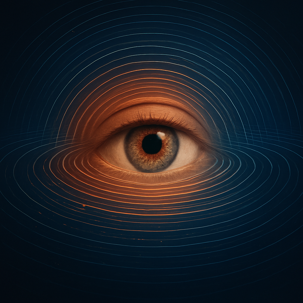 Ett close-up av ett öga med omgivande abstrakta linjer i blått och orange.