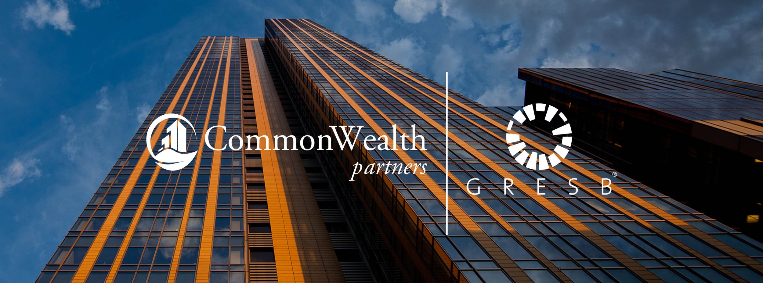 A tall modern skyscraper with reflective glass windows set against a cloudy sky. The "CommonWealth Partners" and "GRESB" logos are overlaid in the center.