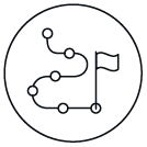 A dark circular background with a faint outline of a maze and a flag at the end.