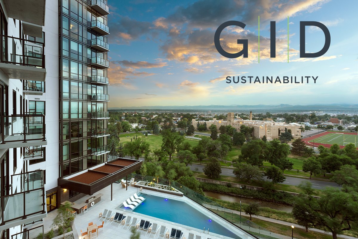 A modern glass high-rise overlooks a scenic landscape with green spaces, a river, and a pool area. The "GID Sustainability" logo is displayed in the sky.